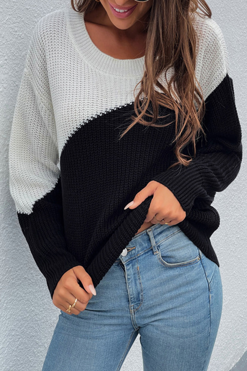 Round Neck Contrast Patchwork Pullover