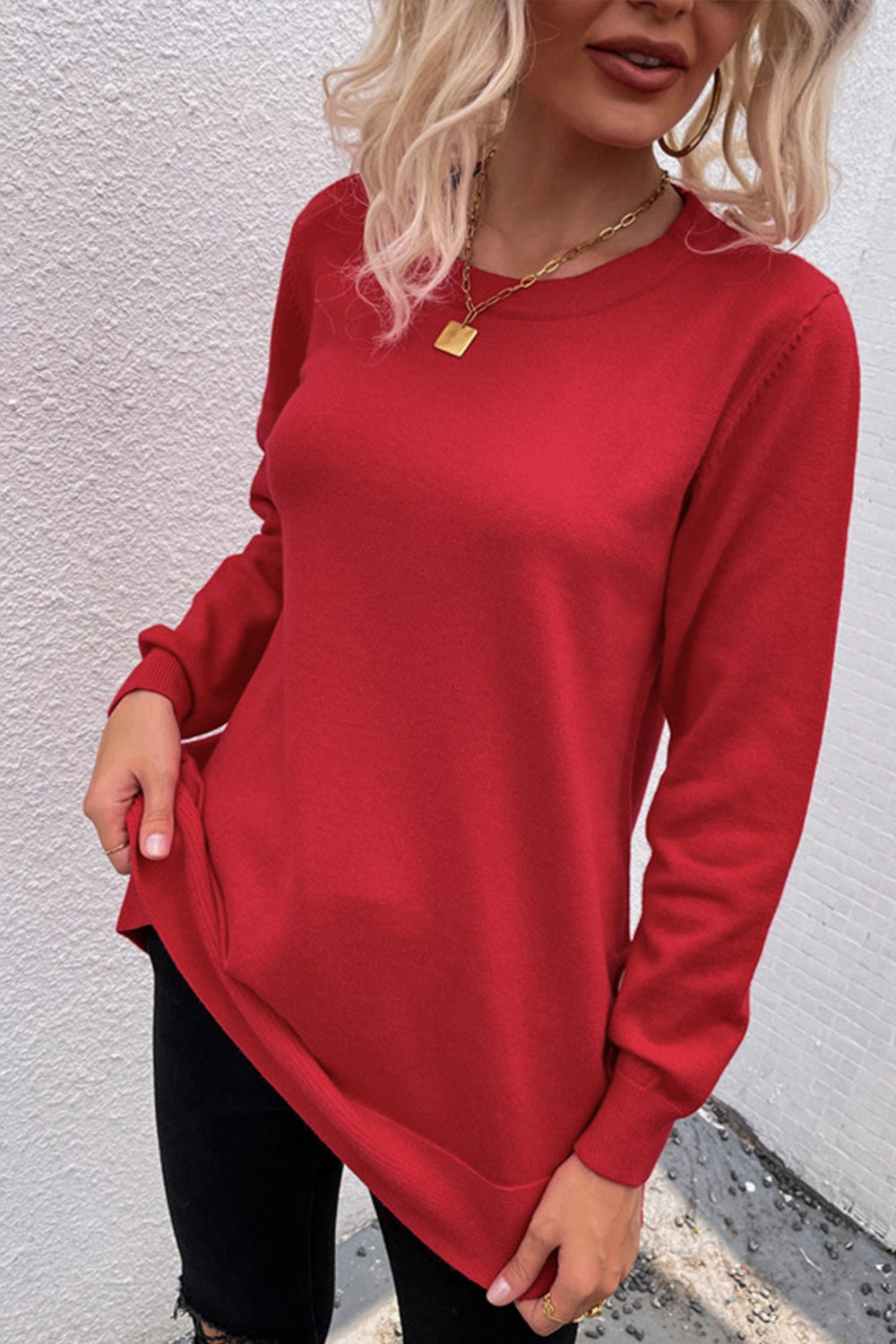 Round Neck Button Solid Color Slit Knit Sweater