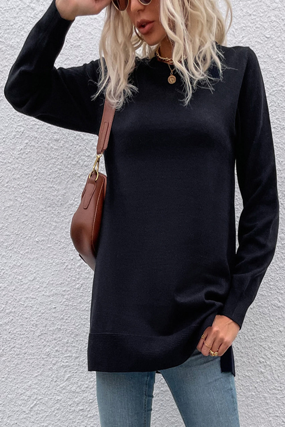 Round Neck Button Solid Color Slit Knit Sweater