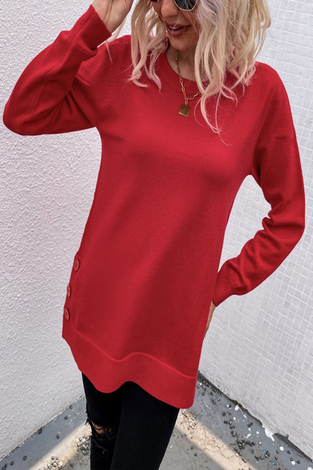 Round Neck Button Solid Color Slit Knit Sweater