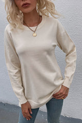 Round Neck Button Solid Color Slit Knit Sweater