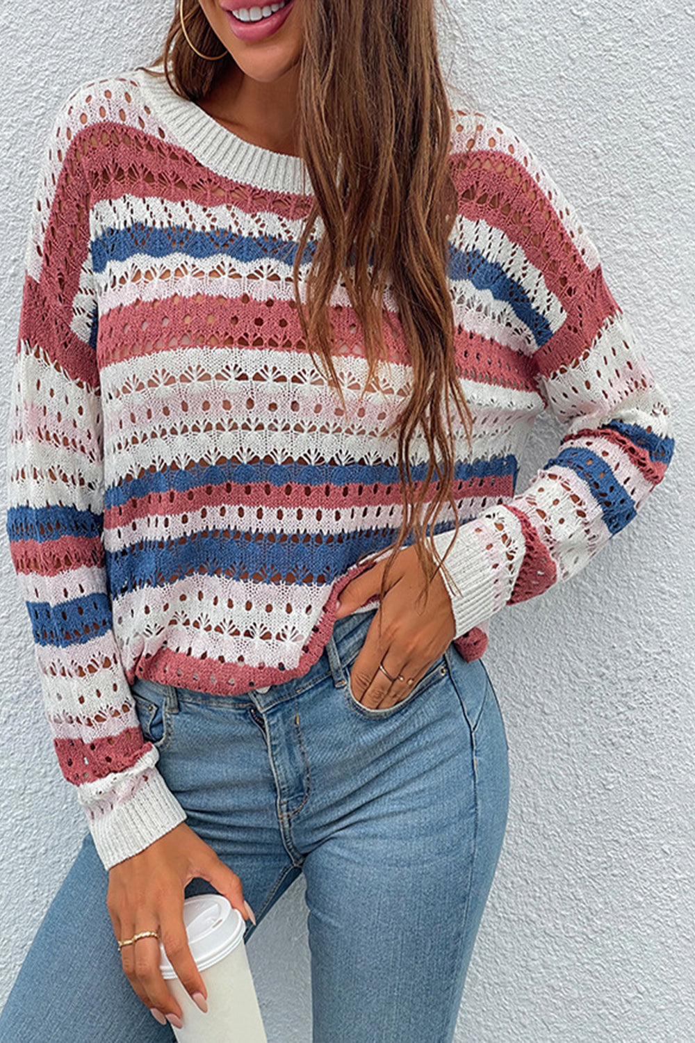 Mix-Color Striped Patchwork Hollow Sweater
