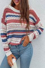 Mix-Color Striped Patchwork Hollow Sweater