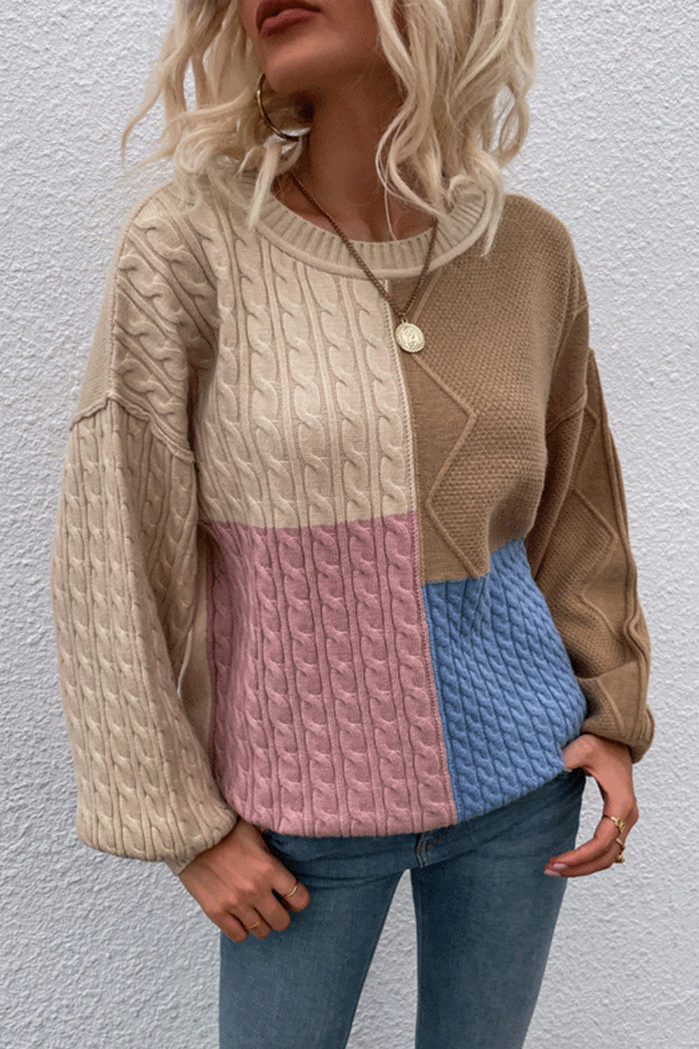 Contrast Patchwork Twist Lantern Sleeve Sweater