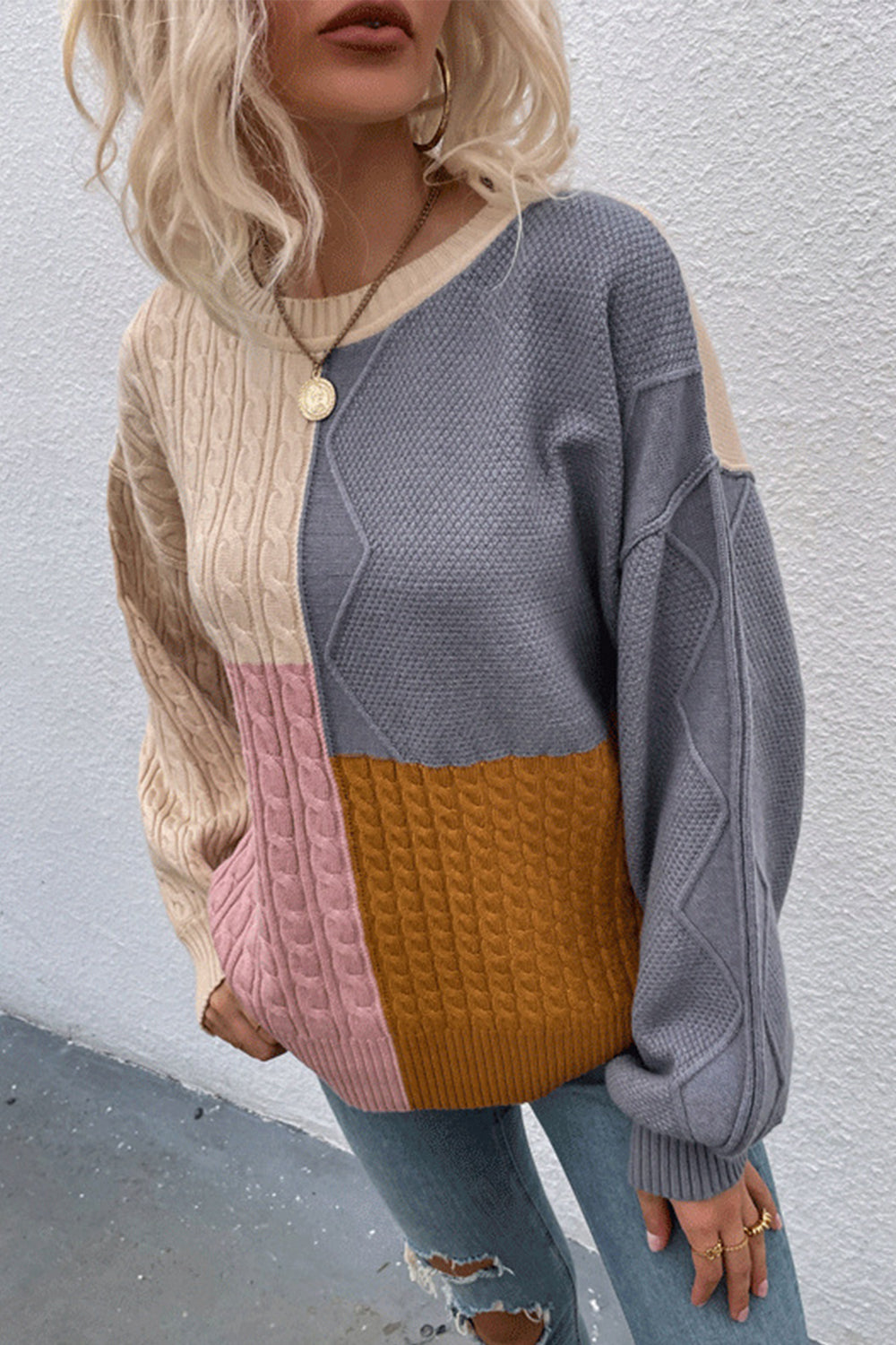 Contrast Patchwork Twist Lantern Sleeve Sweater