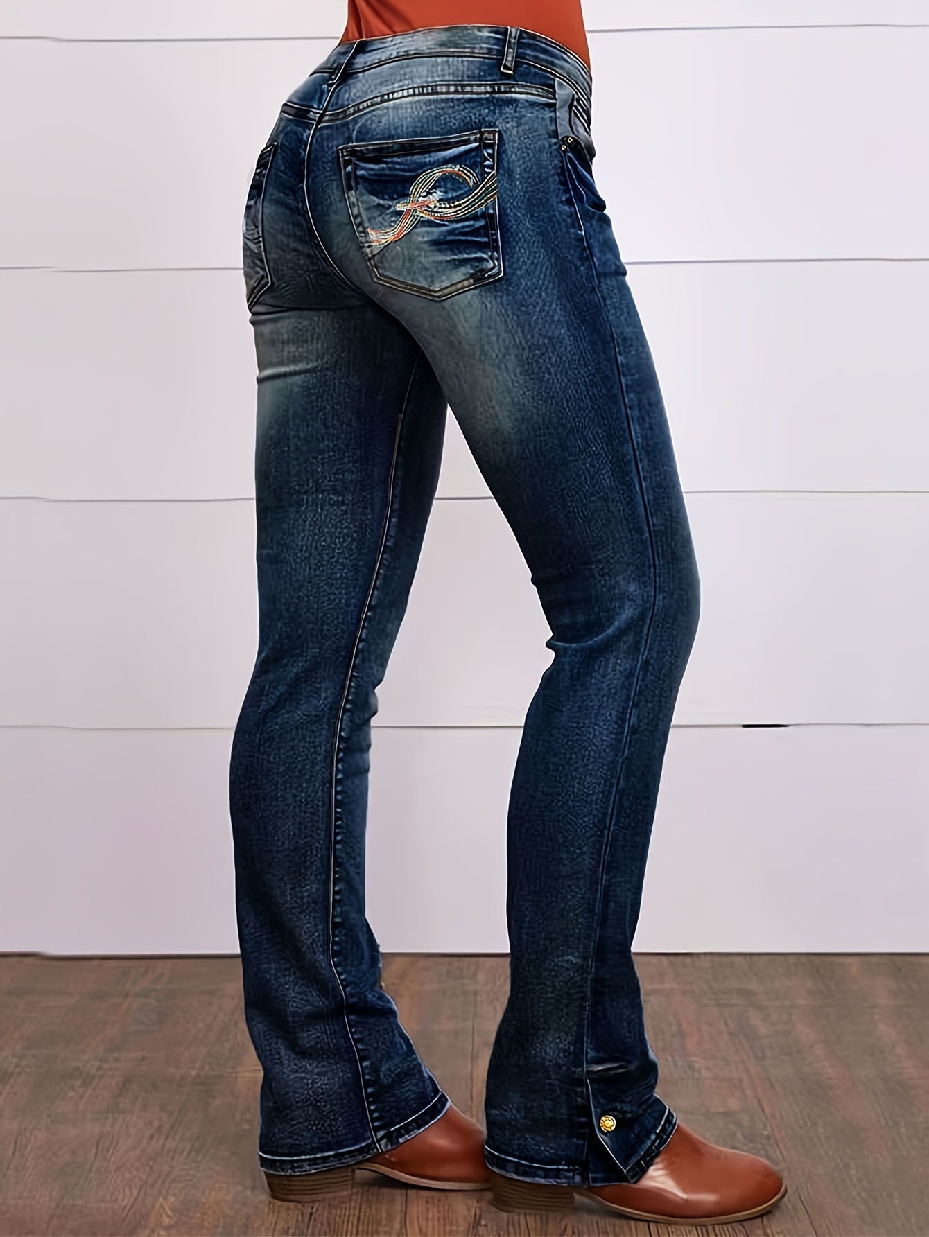 Button Side Split Embroidery Patch Pocket Bootcut Jeans