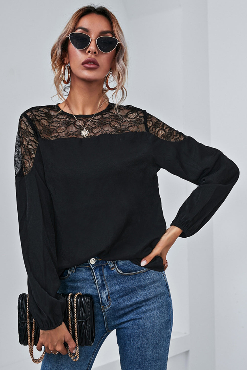 Mesh Stitching Long-Sleeved Shirt