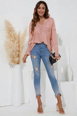 V-Neck Patchwork Solid Color T-Shirt