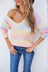 Rainbow Patchwork Tie-Dye V-Neck Sweater