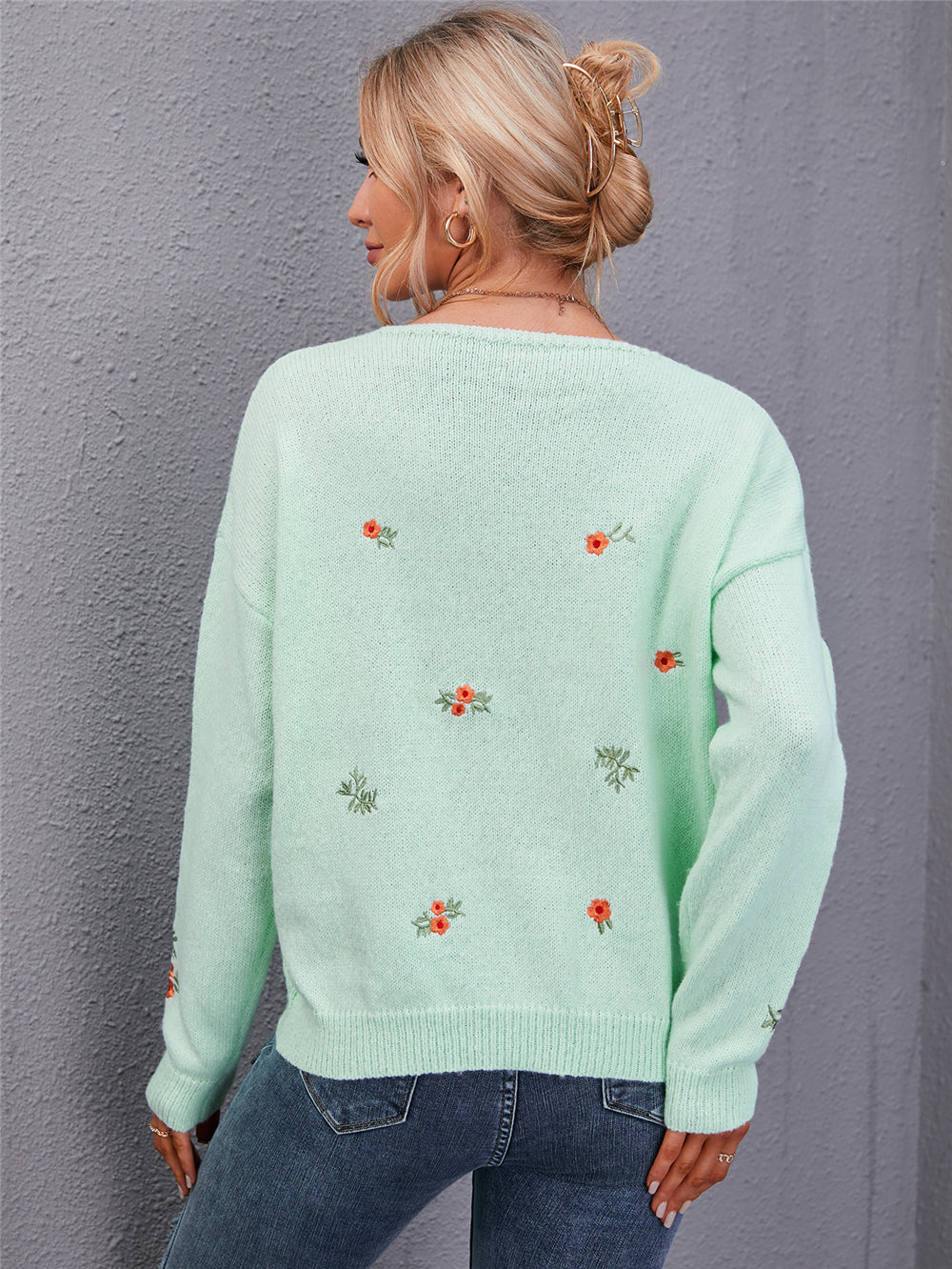 V-Neck Embroidered Plus Size Flower Sweater