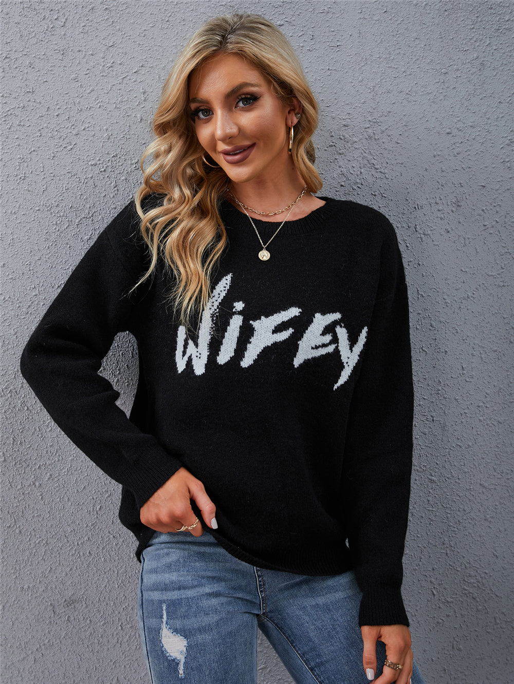 Black Round Neck Letter Sweater