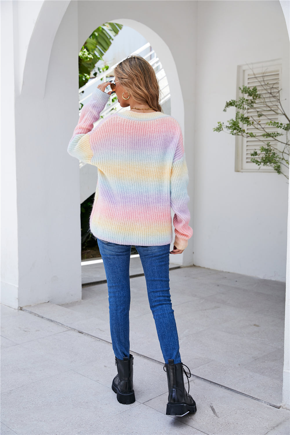 Rainbow Patchwork Tie-Dye V-Neck Sweater