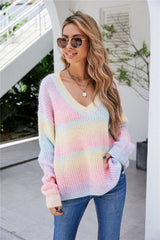 Rainbow Patchwork Tie-Dye V-Neck Sweater