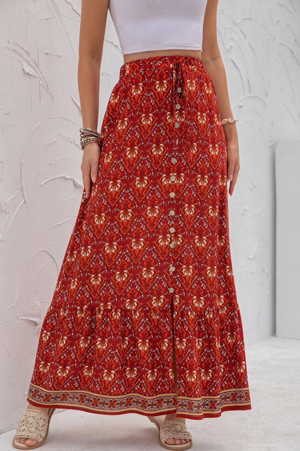 High-Waist Printed Button-Up Slit Skirt