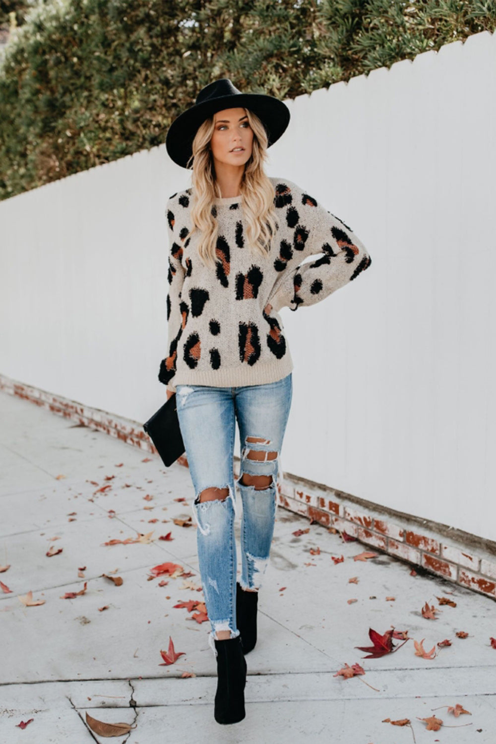 Leopard Round Neck Pullover Sweater