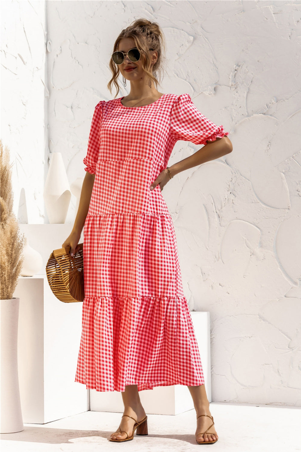 Puff Sleeve Polka Dot Plaid Patchwork Long Dress