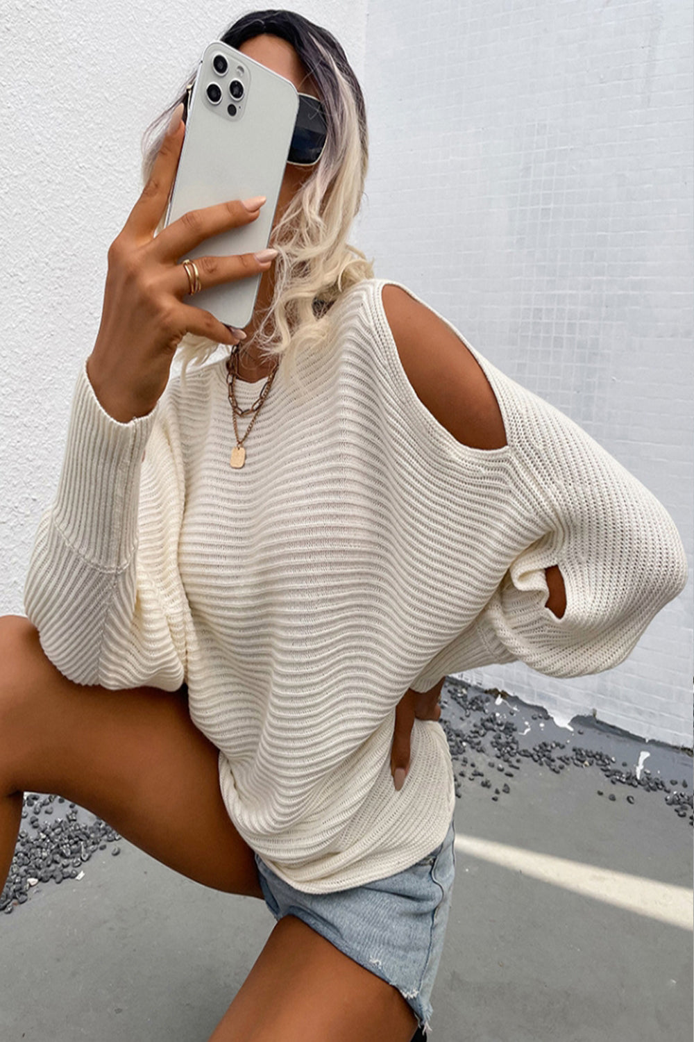 Bat Sleeve Hollow Knit Sweater