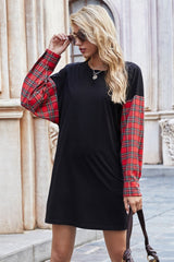 Round Neck Stitching Plaid Sweater Dress