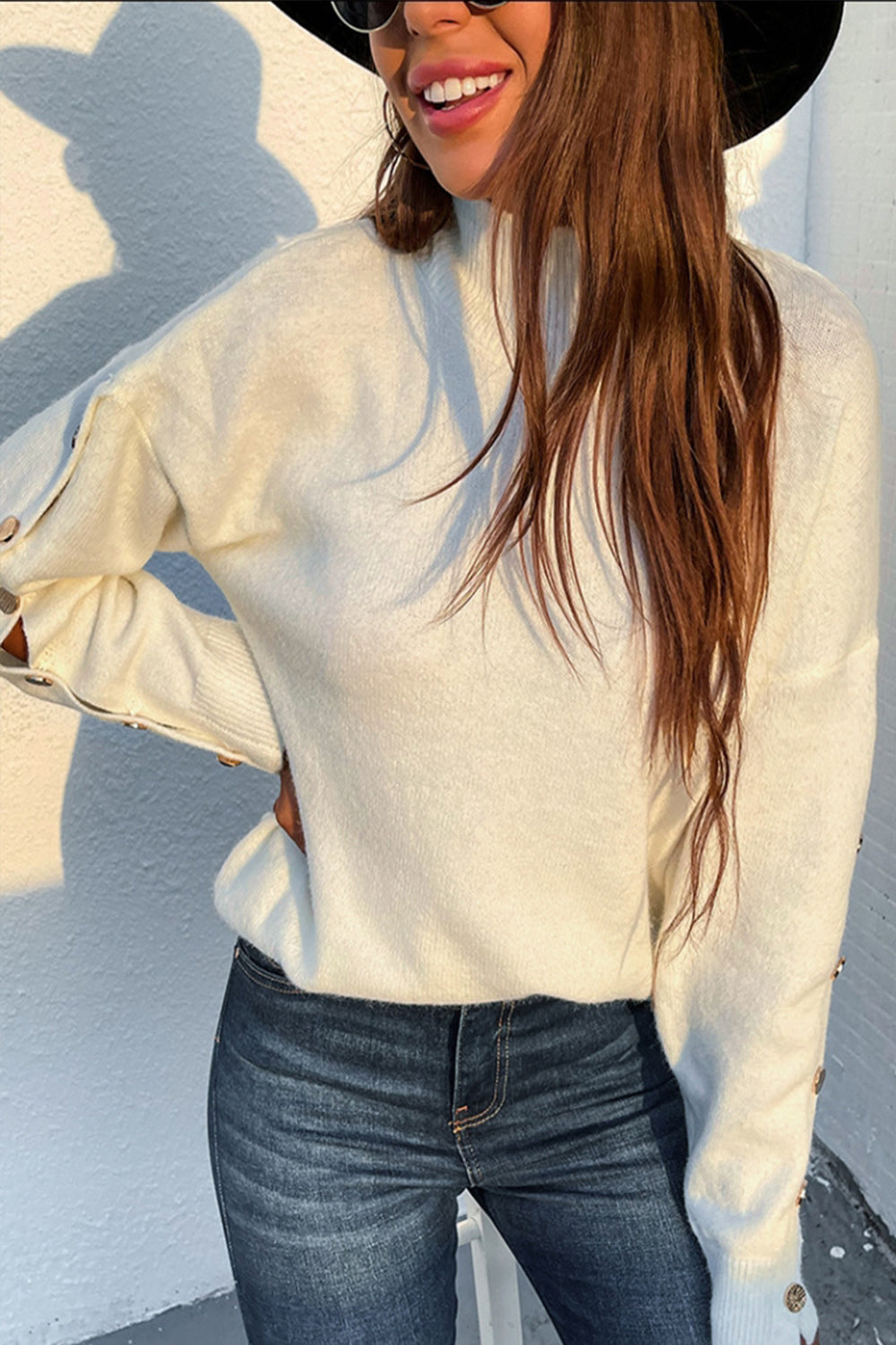 High Neck Button Knit Sweater