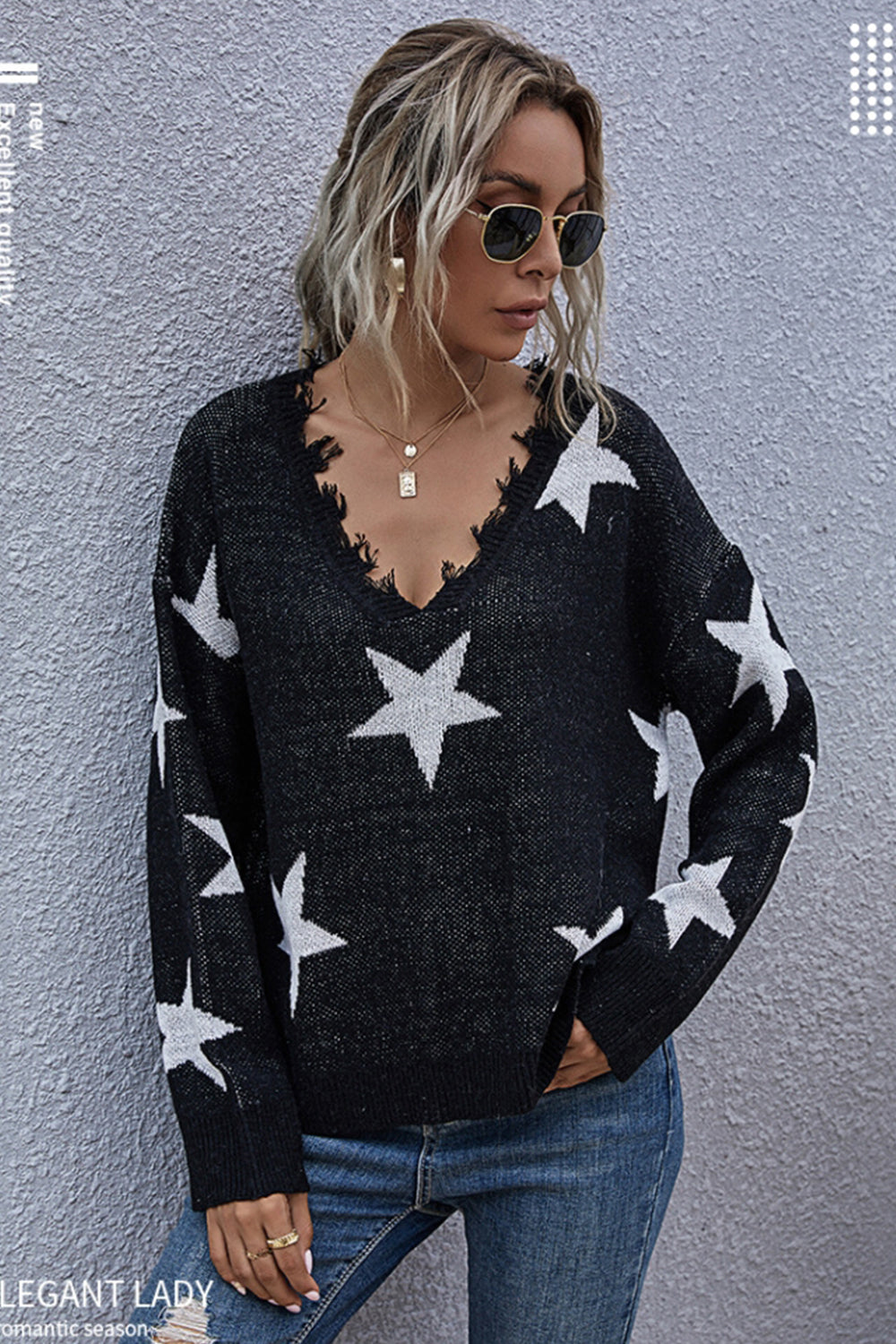 Loose  V-neck Star Knitted Sweater
