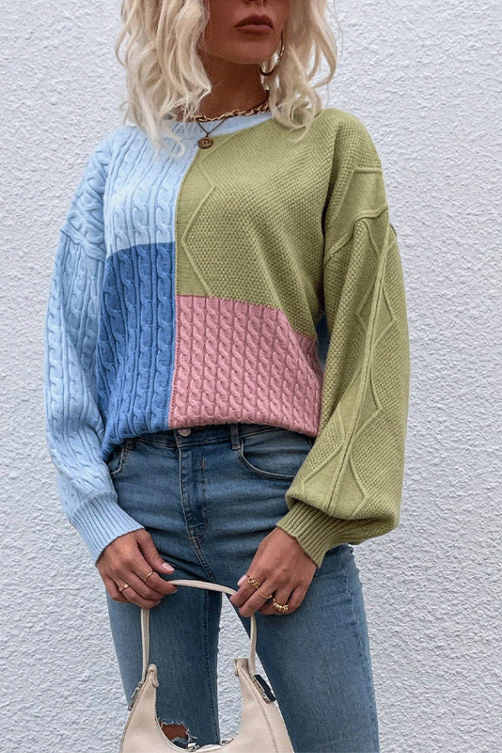 Contrast Patchwork Twist Lantern Sleeve Sweater