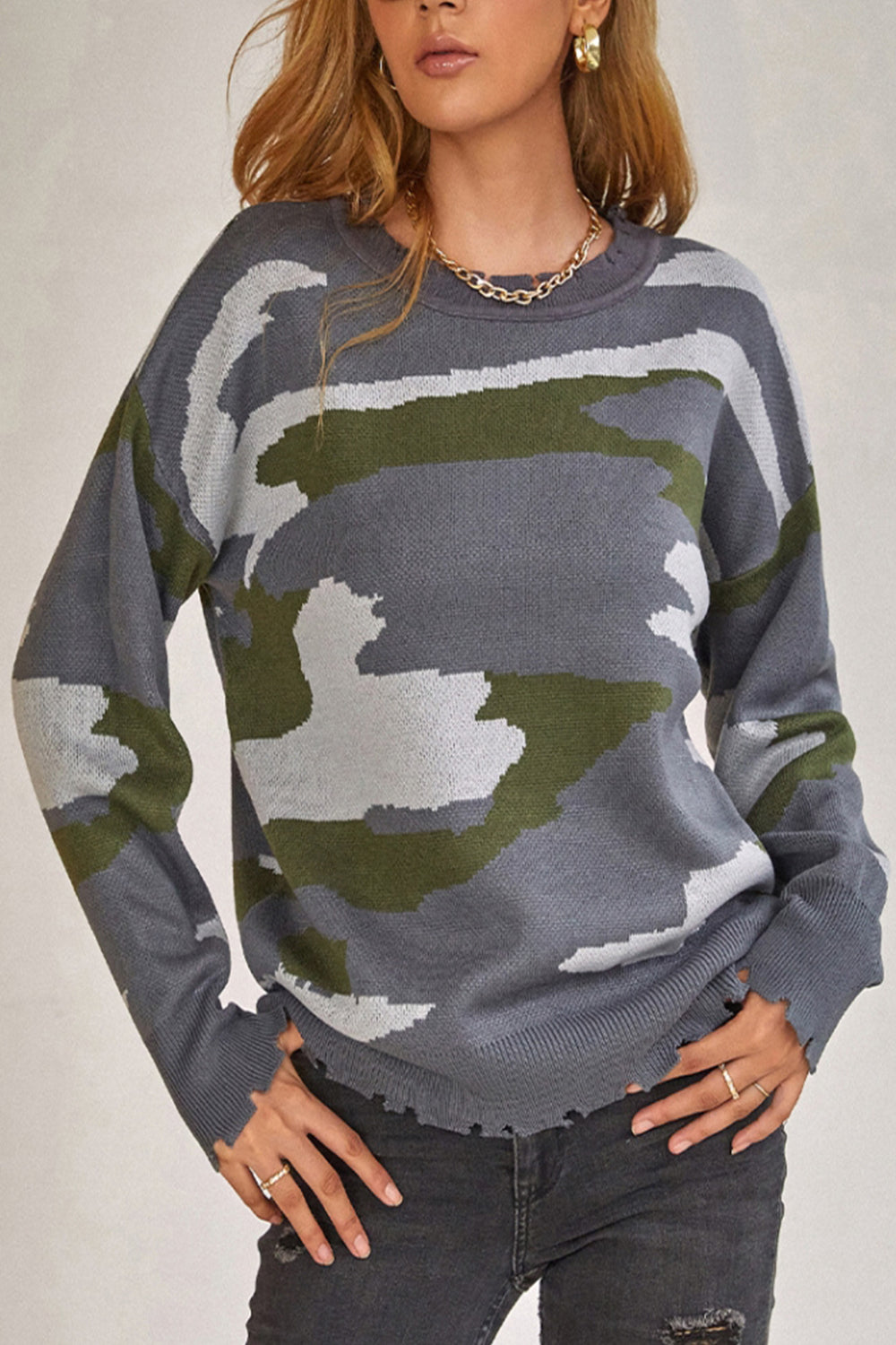 Camouflage Ripped Fringed Sweater