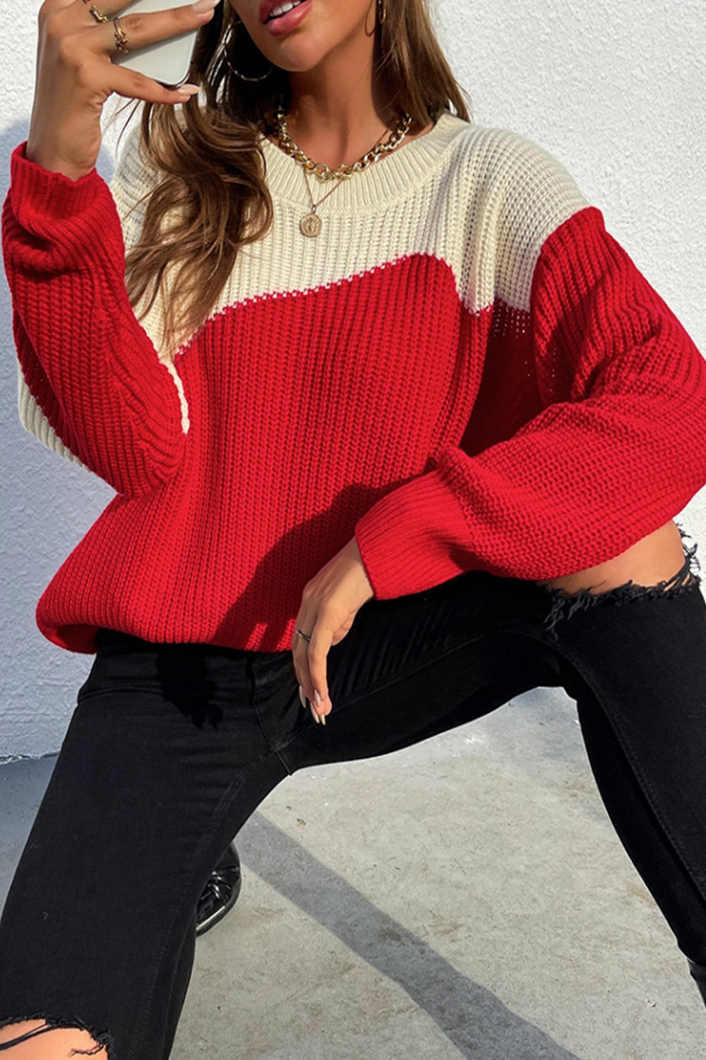Round Neck Contrast Patchwork Pullover