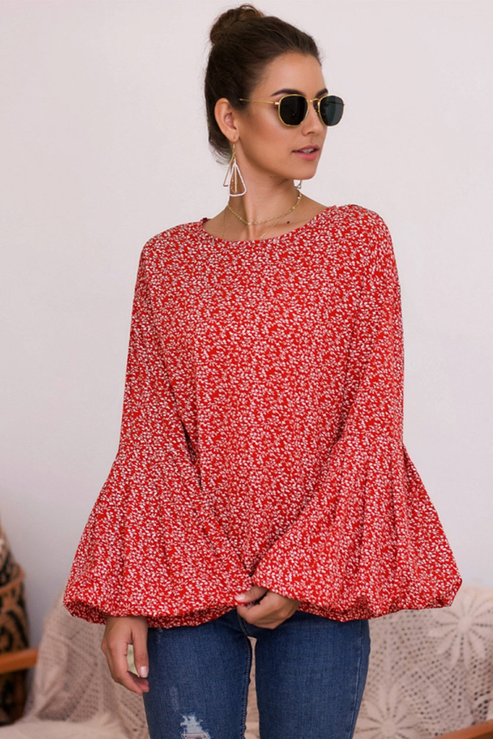 Bubble Sleeve Floral Print Top