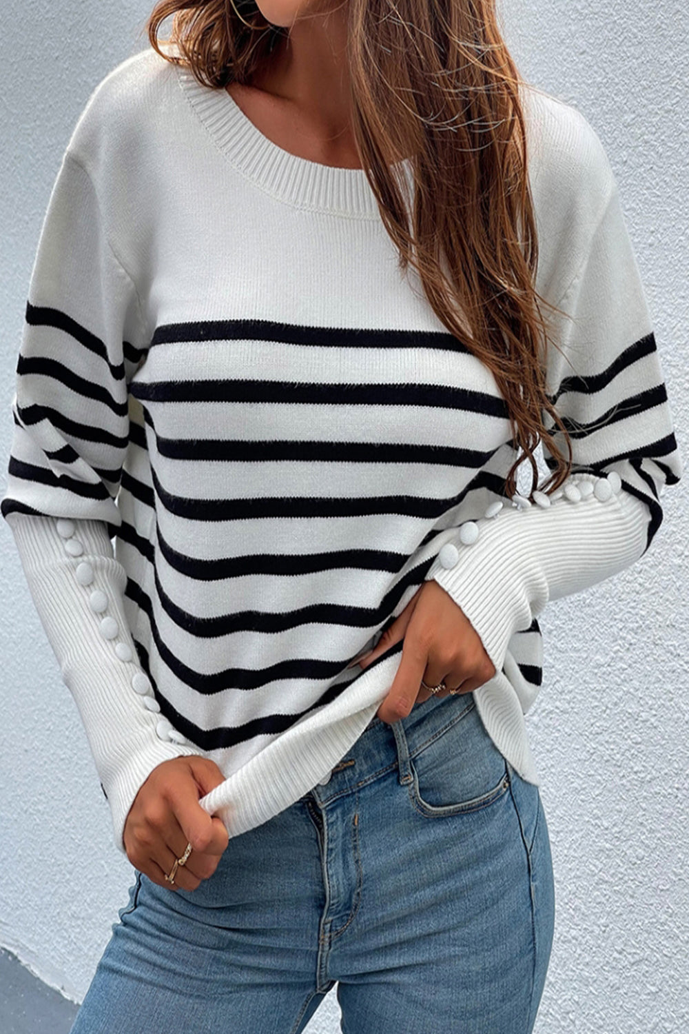 Button Contrast Striped Sweater