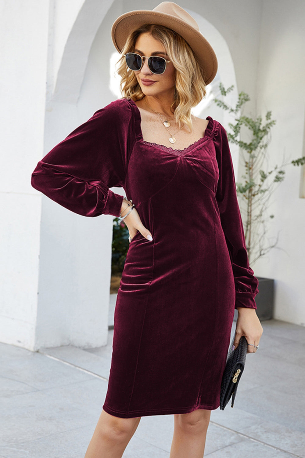 Slim Long-Sleeved Velour Sheath Dress