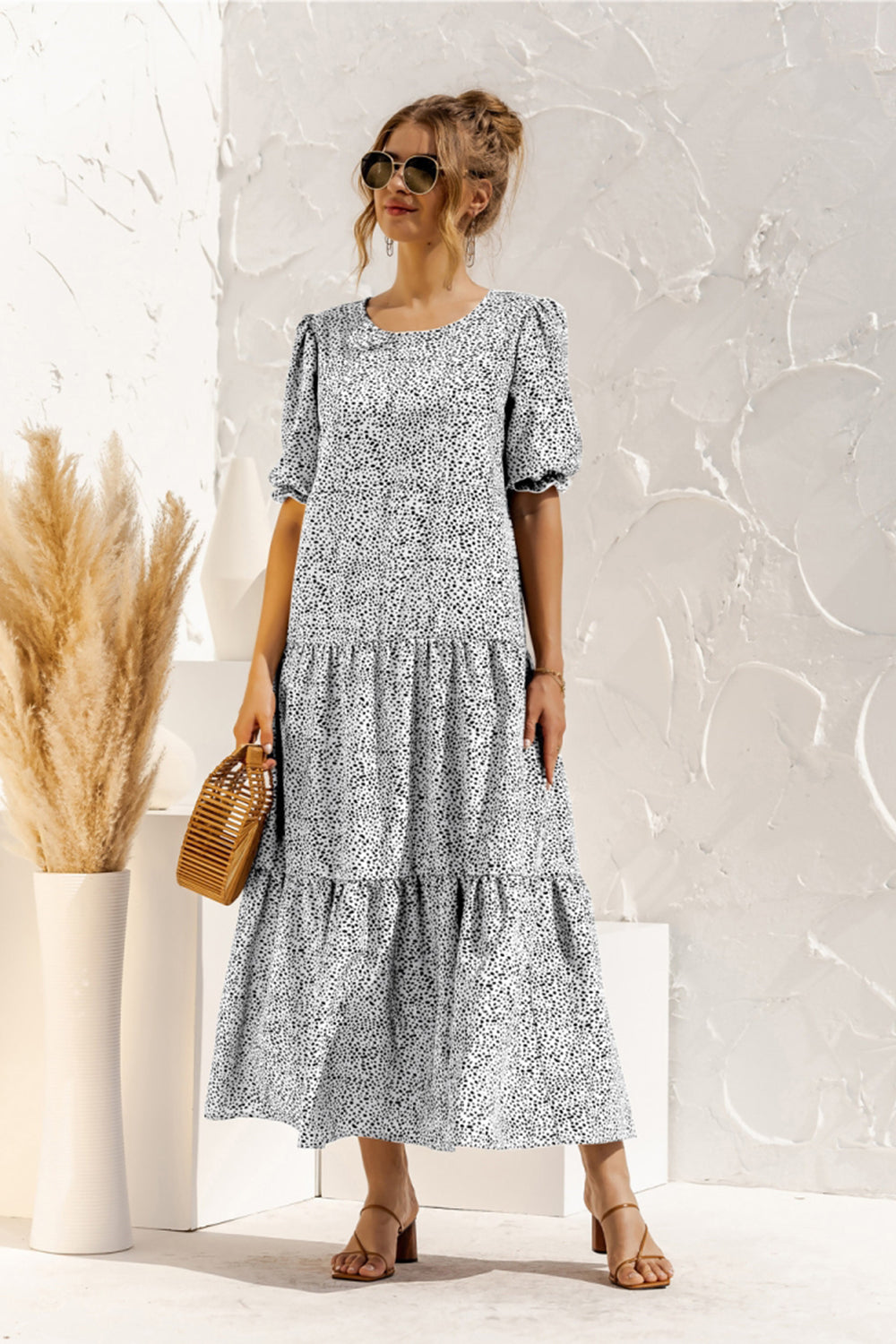 Puff Sleeve Polka Dot Plaid Patchwork Long Dress