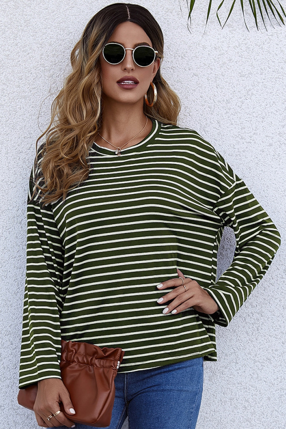 Long-Sleeve Loose Round Neck Striped T-shirt