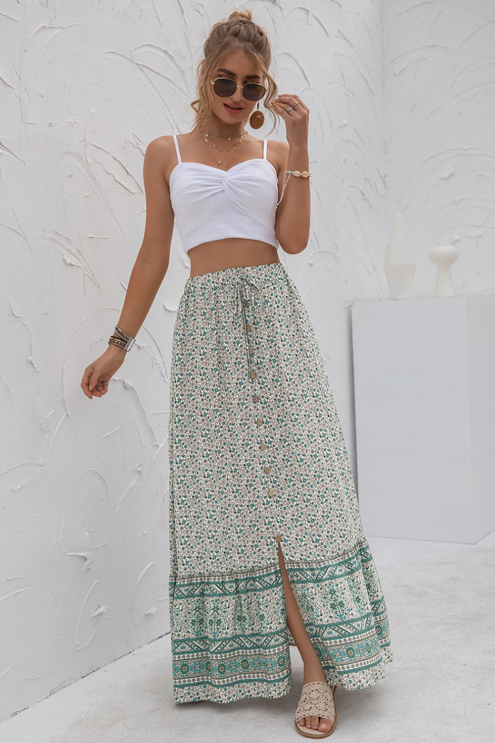 High-Waist Printed Button-Up Slit Skirt