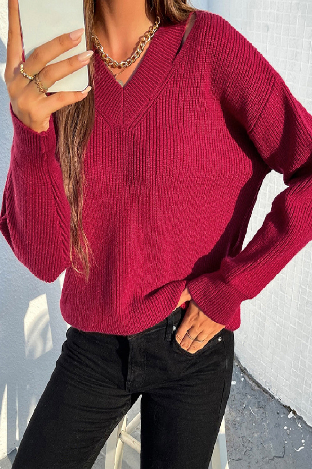 V-Neck Solid Color Sweater