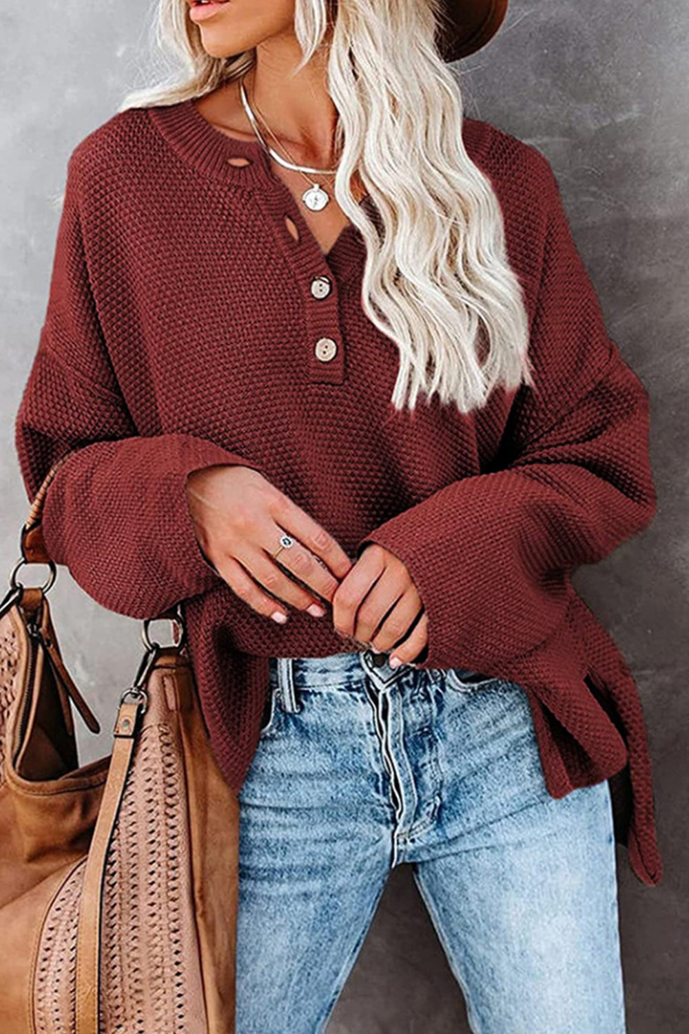 Round Neck Slit Pullover