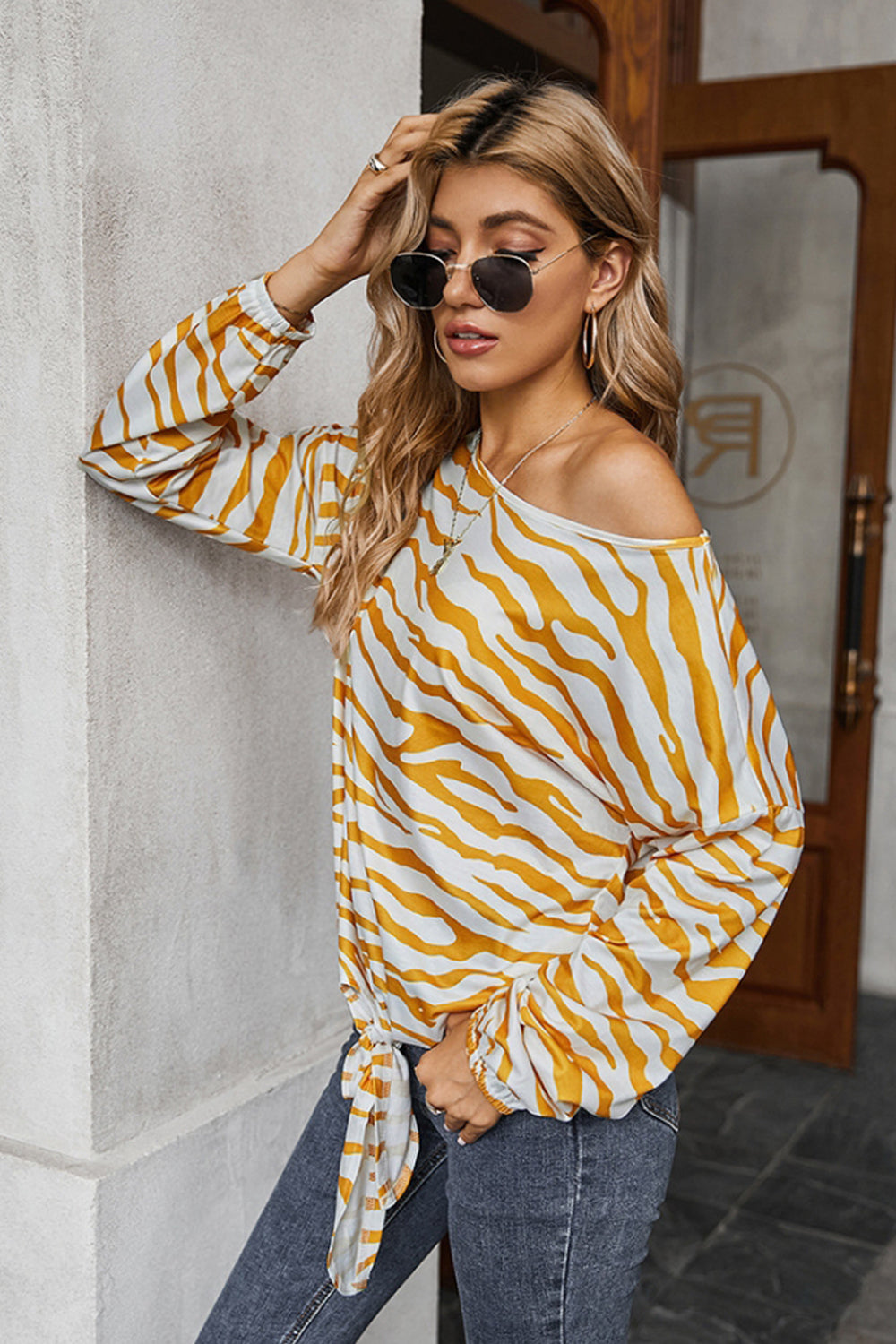 Printed Crew Neck Off Shoulder T-shirt