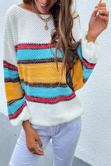 Off-Shoulder Contrast Rainbow Striped Sweater