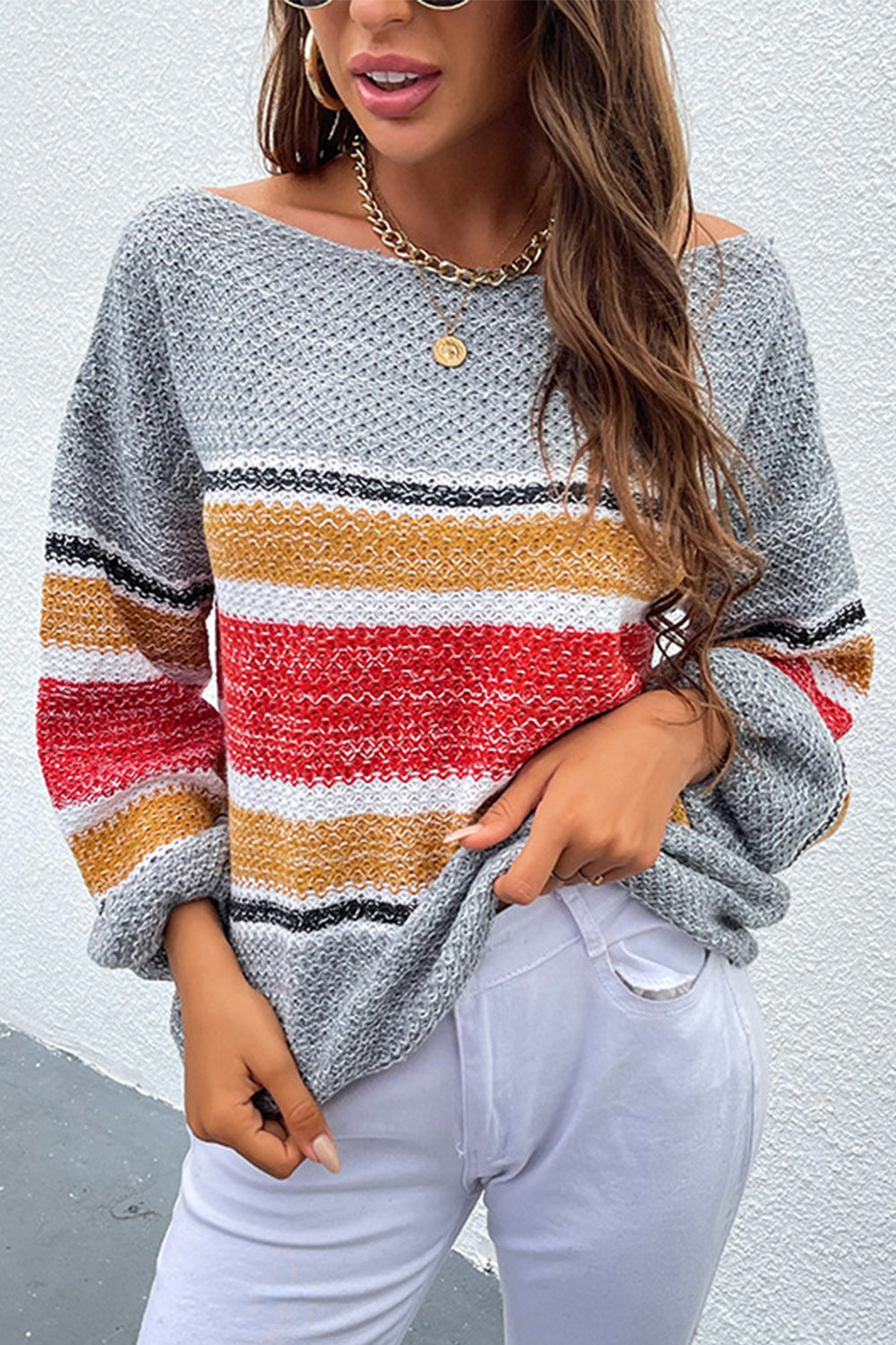 Off-Shoulder Contrast Rainbow Striped Sweater