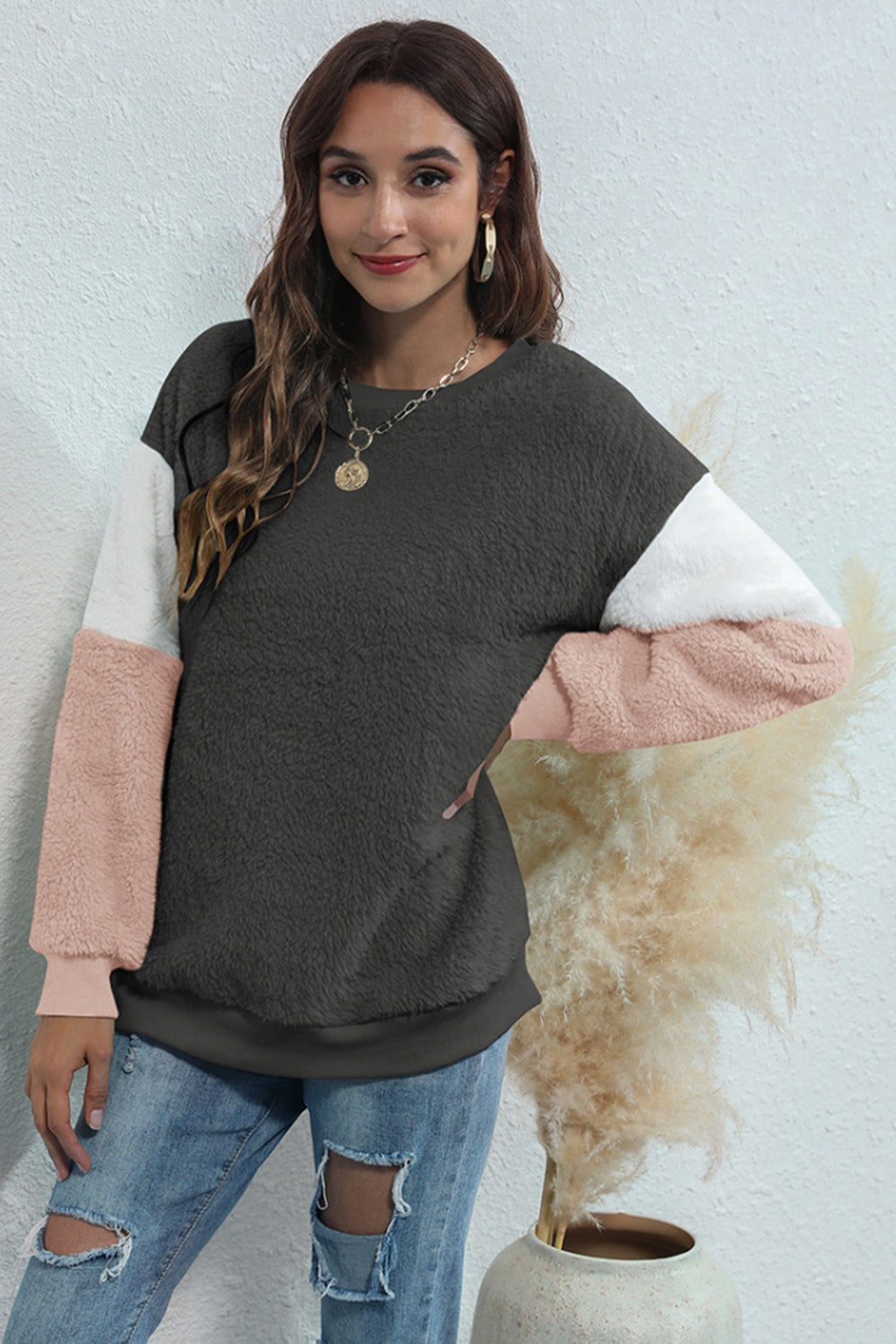 Round Neck Three-Color Patchwork Sweater