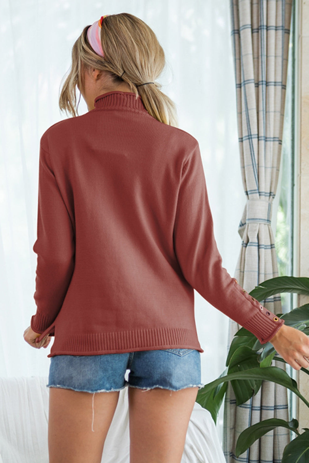 High Collar Pocket Long Sleeve Knit