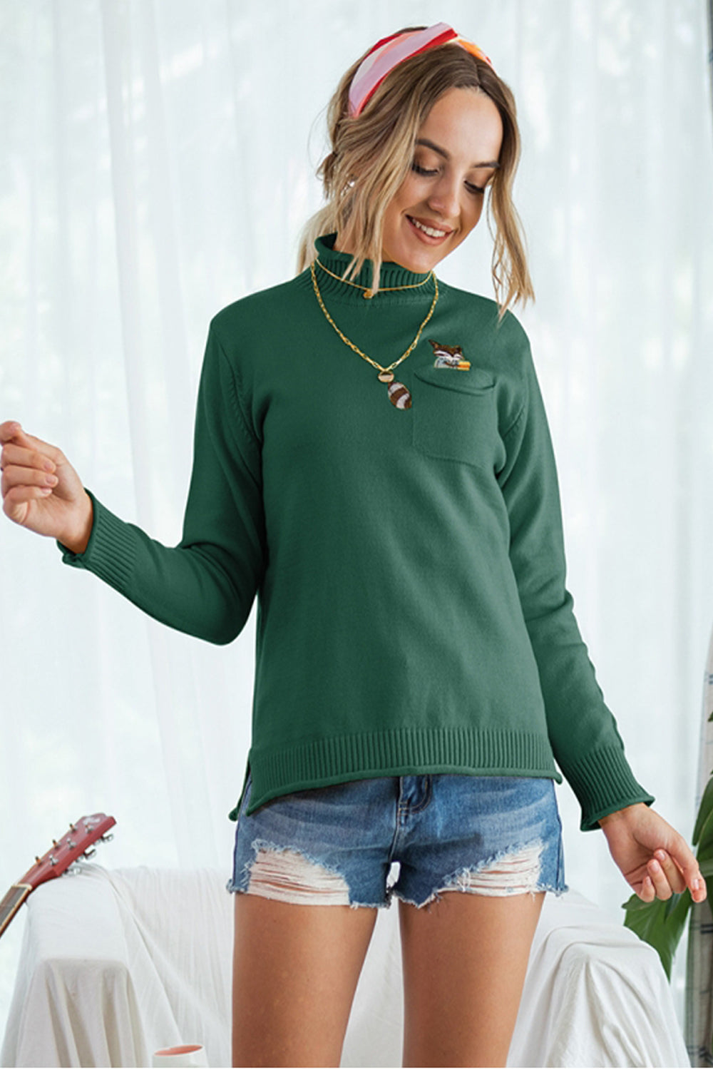 High Collar Pocket Long Sleeve Knit