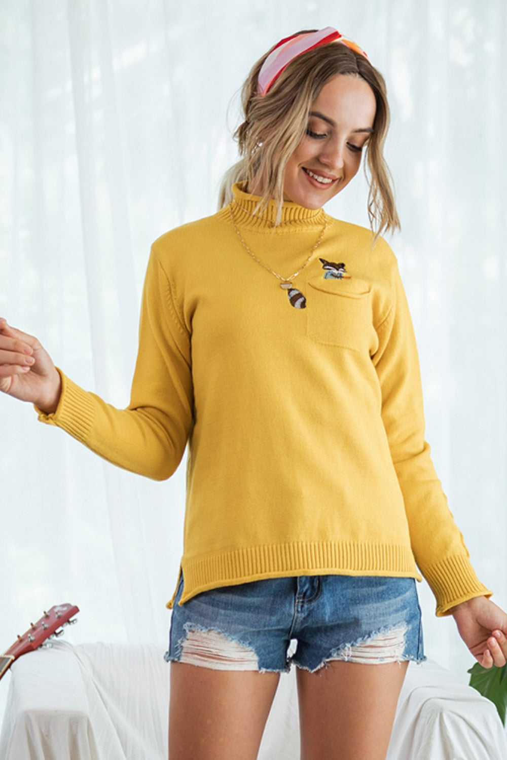 High Collar Pocket Long Sleeve Knit