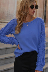 Fringed Solid Color Round Neck Sweater