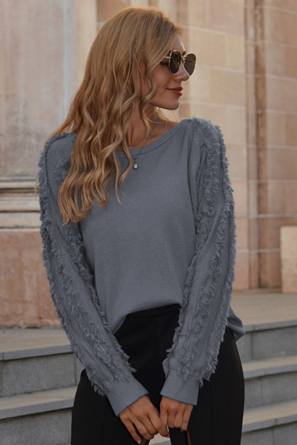 Fringed Solid Color Round Neck Sweater