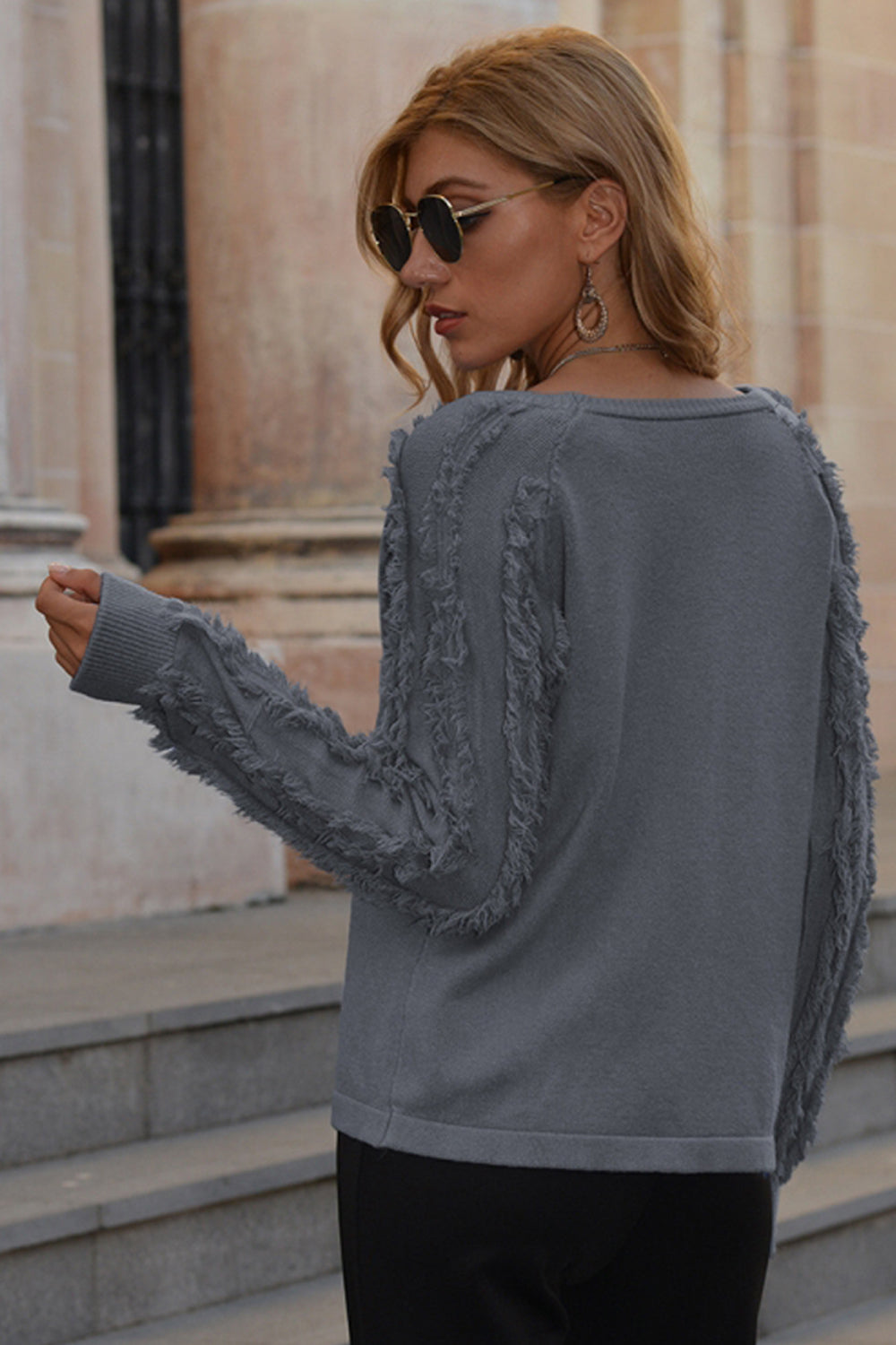Fringed Solid Color Round Neck Sweater