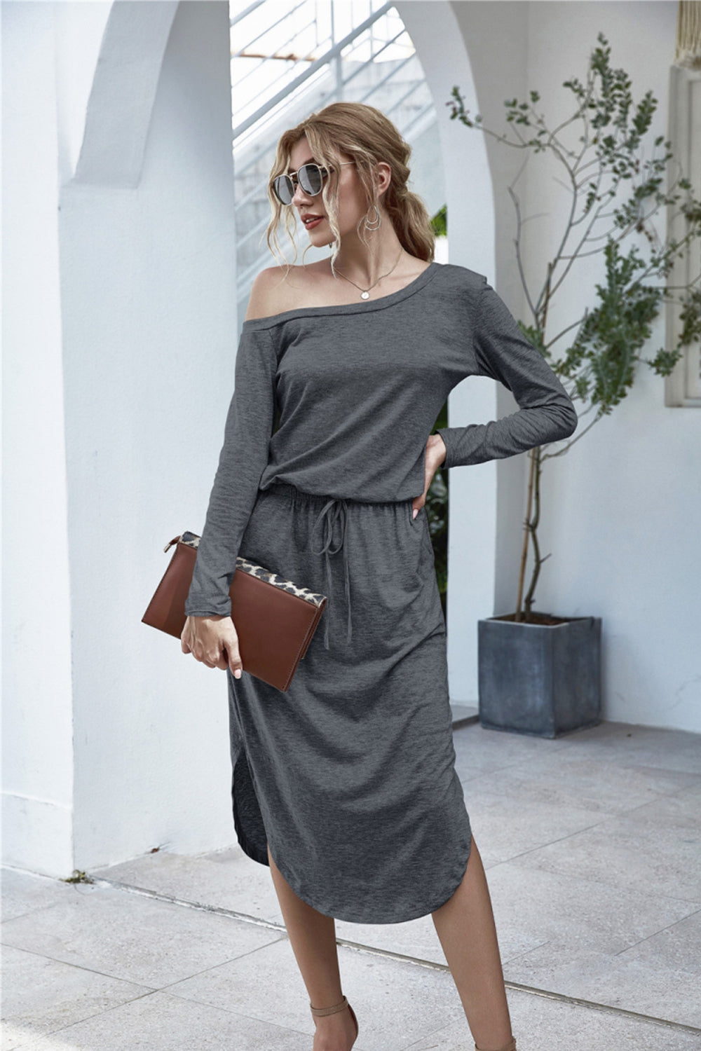 Off Shoulder Lace Up Pocket Slit Dress