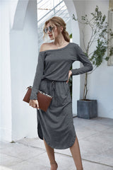 Off Shoulder Lace Up Pocket Slit Dress