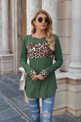 Leopard Print Stitching Round Neck Long Sleeve T-shirt