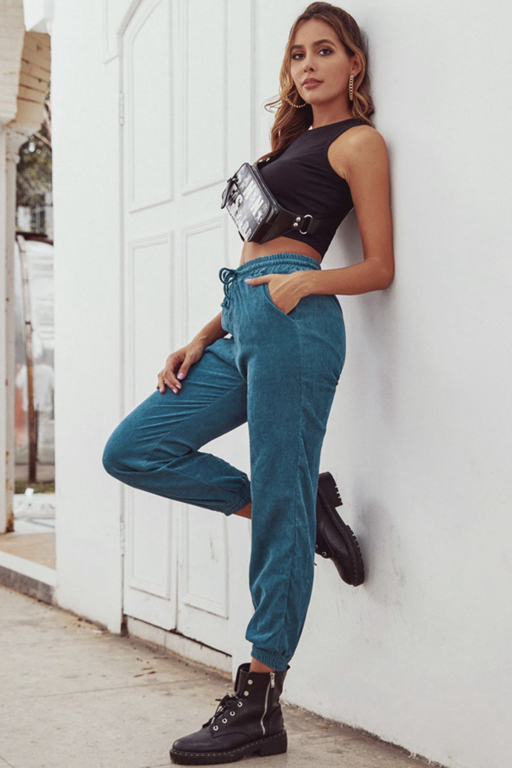 Corduroy High Waist Belt Trousers