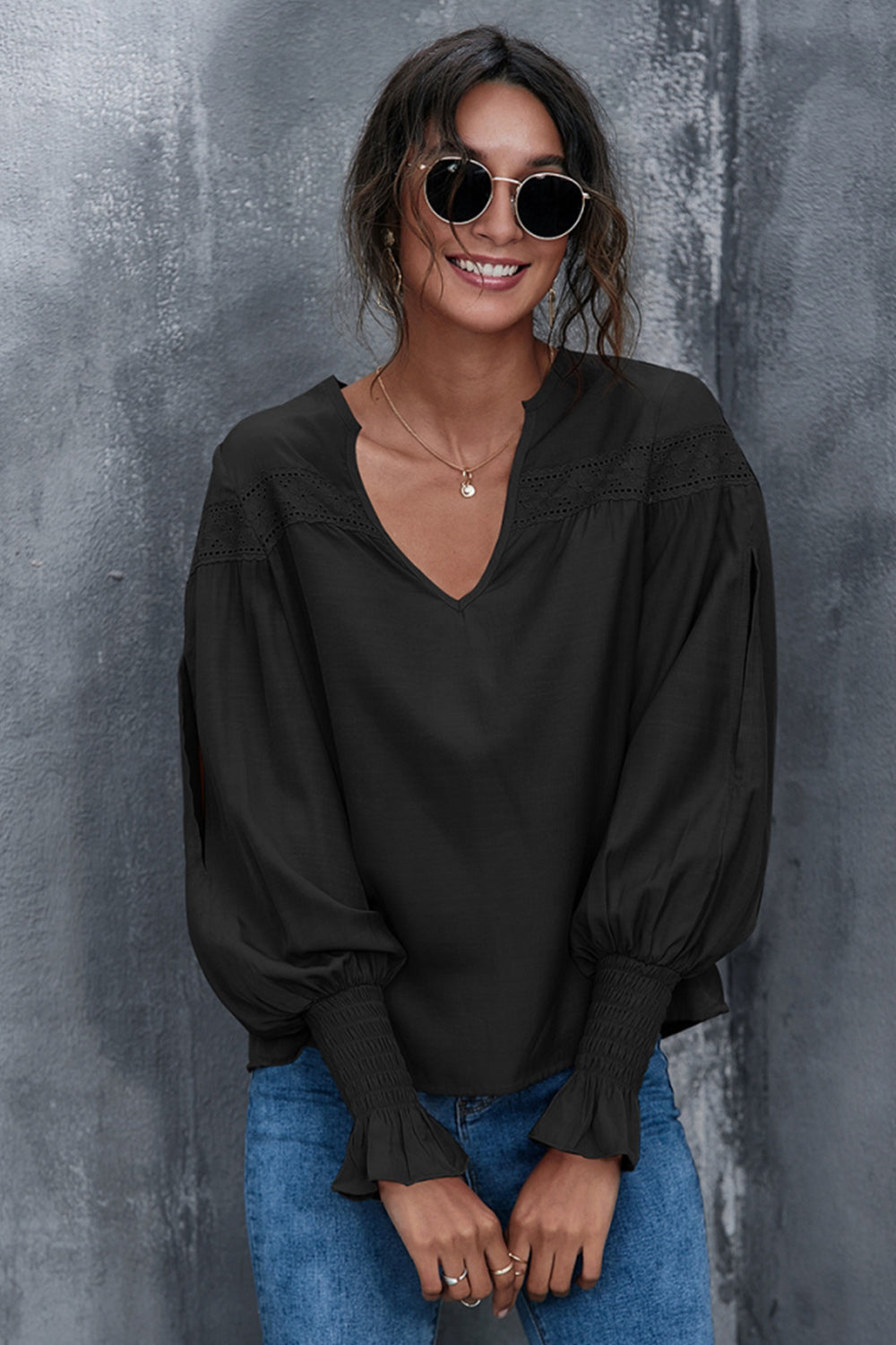 Lantern Sleeves V-neck Hollow Slit Blouse